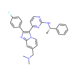 C[C@H](Nc1nccc(-c2c(-c3ccc(F)cc3)nc3cc(CN(C)C)ccn23)n1)c1ccccc1 ZINC000034357217