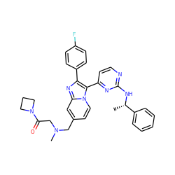 C[C@H](Nc1nccc(-c2c(-c3ccc(F)cc3)nc3cc(CN(C)CC(=O)N4CCC4)ccn23)n1)c1ccccc1 ZINC000028822159