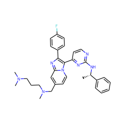 C[C@H](Nc1nccc(-c2c(-c3ccc(F)cc3)nc3cc(CN(C)CCCN(C)C)ccn23)n1)c1ccccc1 ZINC000028822156