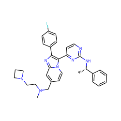 C[C@H](Nc1nccc(-c2c(-c3ccc(F)cc3)nc3cc(CN(C)CCN4CCC4)ccn23)n1)c1ccccc1 ZINC000028822155