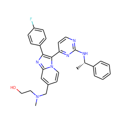 C[C@H](Nc1nccc(-c2c(-c3ccc(F)cc3)nc3cc(CN(C)CCO)ccn23)n1)c1ccccc1 ZINC000028822146