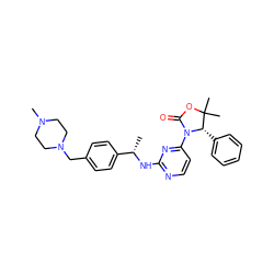 C[C@H](Nc1nccc(N2C(=O)OC(C)(C)[C@@H]2c2ccccc2)n1)c1ccc(CN2CCN(C)CC2)cc1 ZINC000142127106