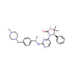 C[C@H](Nc1nccc(N2C(=O)OC(C)(C)[C@H]2c2ccccc2)n1)c1ccc(CN2CCN(C)CC2)cc1 ZINC000142125544