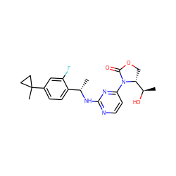 C[C@H](Nc1nccc(N2C(=O)OC[C@@H]2[C@@H](C)O)n1)c1ccc(C2(C)CC2)cc1F ZINC000218272127