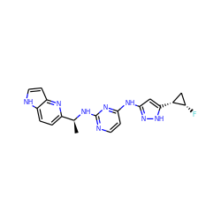 C[C@H](Nc1nccc(Nc2cc([C@@H]3C[C@@H]3F)[nH]n2)n1)c1ccc2[nH]ccc2n1 ZINC000147089142