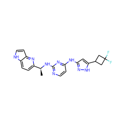 C[C@H](Nc1nccc(Nc2cc(C3CC(F)(F)C3)[nH]n2)n1)c1ccc2[nH]ccc2n1 ZINC000144908424