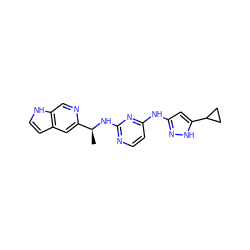 C[C@H](Nc1nccc(Nc2cc(C3CC3)[nH]n2)n1)c1cc2cc[nH]c2cn1 ZINC000144733674