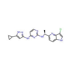 C[C@H](Nc1nccc(Nc2cc(C3CC3)[nH]n2)n1)c1ccc2[nH]cc(Cl)c2n1 ZINC000144613377