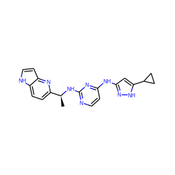 C[C@H](Nc1nccc(Nc2cc(C3CC3)[nH]n2)n1)c1ccc2[nH]ccc2n1 ZINC000147089716