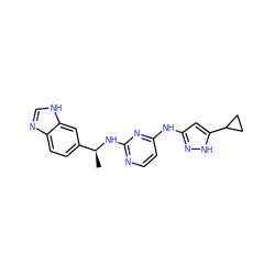 C[C@H](Nc1nccc(Nc2cc(C3CC3)[nH]n2)n1)c1ccc2nc[nH]c2c1 ZINC000215844915