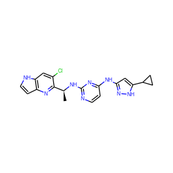 C[C@H](Nc1nccc(Nc2cc(C3CC3)[nH]n2)n1)c1nc2cc[nH]c2cc1Cl ZINC000147088946