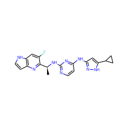 C[C@H](Nc1nccc(Nc2cc(C3CC3)[nH]n2)n1)c1nc2cc[nH]c2cc1F ZINC000144710014