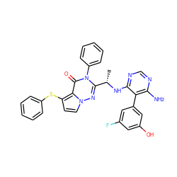 C[C@H](Nc1ncnc(N)c1-c1cc(O)cc(F)c1)c1nn2ccc(Sc3ccccc3)c2c(=O)n1-c1ccccc1 ZINC000209038633