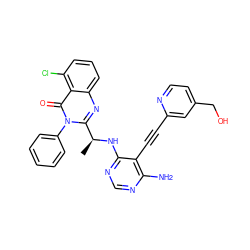 C[C@H](Nc1ncnc(N)c1C#Cc1cc(CO)ccn1)c1nc2cccc(Cl)c2c(=O)n1-c1ccccc1 ZINC000219104010