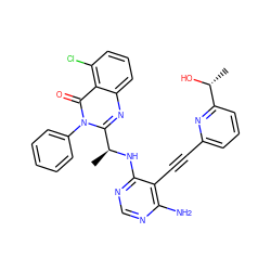 C[C@H](Nc1ncnc(N)c1C#Cc1cccc([C@@H](C)O)n1)c1nc2cccc(Cl)c2c(=O)n1-c1ccccc1 ZINC000219128996