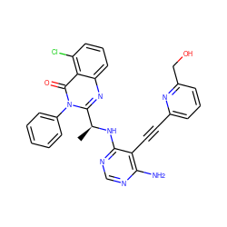 C[C@H](Nc1ncnc(N)c1C#Cc1cccc(CO)n1)c1nc2cccc(Cl)c2c(=O)n1-c1ccccc1 ZINC000219092288