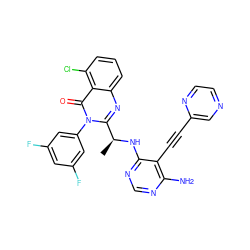 C[C@H](Nc1ncnc(N)c1C#Cc1cnccn1)c1nc2cccc(Cl)c2c(=O)n1-c1cc(F)cc(F)c1 ZINC000219091065