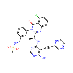 C[C@H](Nc1ncnc(N)c1C#Cc1cnccn1)c1nc2cccc(Cl)c2c(=O)n1-c1cccc(CNS(C)(=O)=O)c1 ZINC000219142526