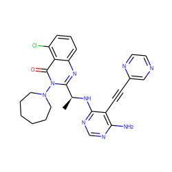 C[C@H](Nc1ncnc(N)c1C#Cc1cnccn1)c1nc2cccc(Cl)c2c(=O)n1N1CCCCCC1 ZINC000219110992