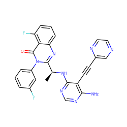 C[C@H](Nc1ncnc(N)c1C#Cc1cnccn1)c1nc2cccc(F)c2c(=O)n1-c1cccc(F)c1 ZINC000219095287