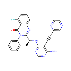 C[C@H](Nc1ncnc(N)c1C#Cc1cnccn1)c1nc2cccc(F)c2c(=O)n1-c1ccccc1 ZINC000219143002