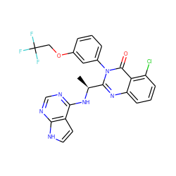 C[C@H](Nc1ncnc2[nH]ccc12)c1nc2cccc(Cl)c2c(=O)n1-c1cccc(OCC(F)(F)F)c1 ZINC000218648188