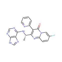 C[C@H](Nc1ncnc2[nH]cnc12)c1nc2ccc(F)cn2c(=O)c1-c1ccccn1 ZINC000114789919