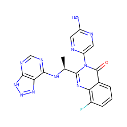 C[C@H](Nc1ncnc2[nH]nnc12)c1nc2c(F)cccc2c(=O)n1-c1cnc(N)cn1 ZINC001772644136