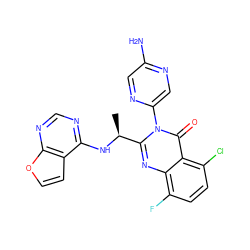 C[C@H](Nc1ncnc2occc12)c1nc2c(F)ccc(Cl)c2c(=O)n1-c1cnc(N)cn1 ZINC001772611096