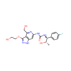 C[C@H](O)[C@@H](NC(=O)Nc1cc2[nH]nc(OCCO)c2c(CO)n1)c1ccc(F)cc1 ZINC000209333661