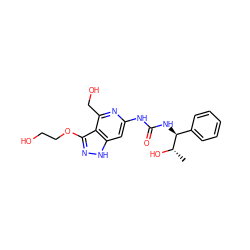 C[C@H](O)[C@@H](NC(=O)Nc1cc2[nH]nc(OCCO)c2c(CO)n1)c1ccccc1 ZINC000209333743