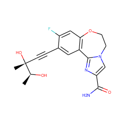 C[C@H](O)[C@](C)(O)C#Cc1cc2c(cc1F)OCCn1cc(C(N)=O)nc1-2 ZINC000219479777