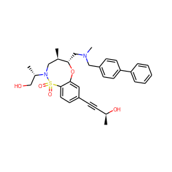 C[C@H](O)C#Cc1ccc2c(c1)O[C@@H](CN(C)Cc1ccc(-c3ccccc3)cc1)[C@H](C)CN([C@@H](C)CO)S2(=O)=O ZINC000072139612