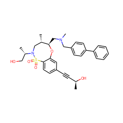 C[C@H](O)C#Cc1ccc2c(c1)O[C@H](CN(C)Cc1ccc(-c3ccccc3)cc1)[C@@H](C)CN([C@@H](C)CO)S2(=O)=O ZINC000095605112