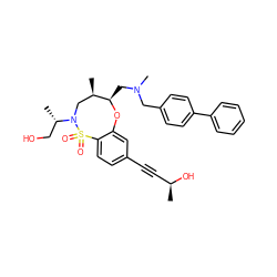 C[C@H](O)C#Cc1ccc2c(c1)O[C@H](CN(C)Cc1ccc(-c3ccccc3)cc1)[C@H](C)CN([C@@H](C)CO)S2(=O)=O ZINC000095603699