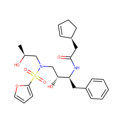 C[C@H](O)CN(C[C@@H](O)[C@H](Cc1ccccc1)NC(=O)C[C@H]1C=CCC1)S(=O)(=O)c1ccco1 ZINC000040863666