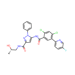 C[C@H](O)CNC(=O)c1cc(NC(=O)c2cc(-c3ccc(F)cn3)c(Cl)cc2Cl)n(-c2ccccc2)n1 ZINC001772575968