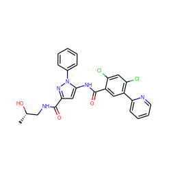 C[C@H](O)CNC(=O)c1cc(NC(=O)c2cc(-c3ccccn3)c(Cl)cc2Cl)n(-c2ccccc2)n1 ZINC001772608106