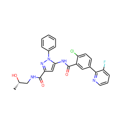 C[C@H](O)CNC(=O)c1cc(NC(=O)c2cc(-c3ncccc3F)ccc2Cl)n(-c2ccccc2)n1 ZINC001772616271