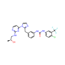 C[C@H](O)CNc1nccc(-n2ccnc2Cc2cccc(NC(=O)Nc3ccc(Cl)c(C(F)(F)F)c3)c2)n1 ZINC000299839165