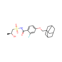 C[C@H](O)CS(=O)(=O)NC(=O)c1ccc(OCC23CC4CC(CC(C4)C2)C3)cc1F ZINC000216252992