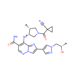 C[C@H](O)Cn1cc(-c2cn3ncc(C(N)=O)c(N[C@H]4CN(C(=O)C5(C#N)CC5)C[C@H]4C)c3n2)cn1 ZINC001772637774