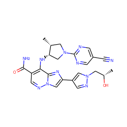 C[C@H](O)Cn1cc(-c2cn3ncc(C(N)=O)c(N[C@H]4CN(c5ncc(C#N)cn5)C[C@H]4C)c3n2)cn1 ZINC001772593259