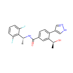 C[C@H](O)c1cc(C(=O)N[C@H](C)c2c(F)cccc2F)ccc1-c1cn[nH]c1 ZINC001772617486