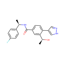 C[C@H](O)c1cc(C(=O)N[C@H](C)c2ccc(F)cc2)ccc1-c1cn[nH]c1 ZINC000223795161