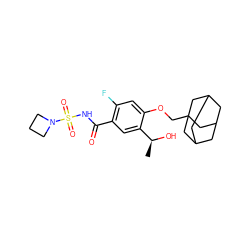 C[C@H](O)c1cc(C(=O)NS(=O)(=O)N2CCC2)c(F)cc1OCC12CC3CC(CC(C3)C1)C2 ZINC000216252083