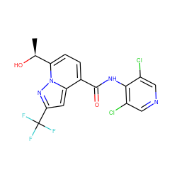 C[C@H](O)c1ccc(C(=O)Nc2c(Cl)cncc2Cl)c2cc(C(F)(F)F)nn12 ZINC000096933200