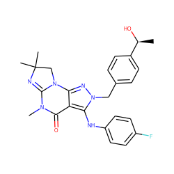 C[C@H](O)c1ccc(Cn2nc3c(c2Nc2ccc(F)cc2)C(=O)N(C)C2=NC(C)(C)CN23)cc1 ZINC000219139751