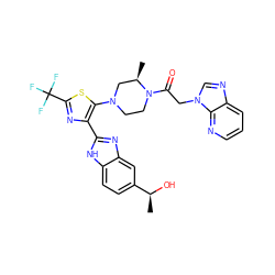 C[C@H](O)c1ccc2[nH]c(-c3nc(C(F)(F)F)sc3N3CCN(C(=O)Cn4cnc5cccnc54)[C@H](C)C3)nc2c1 ZINC001772588710