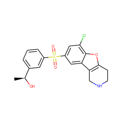 C[C@H](O)c1cccc(S(=O)(=O)c2cc(Cl)c3oc4c(c3c2)CNCC4)c1 ZINC000147521480